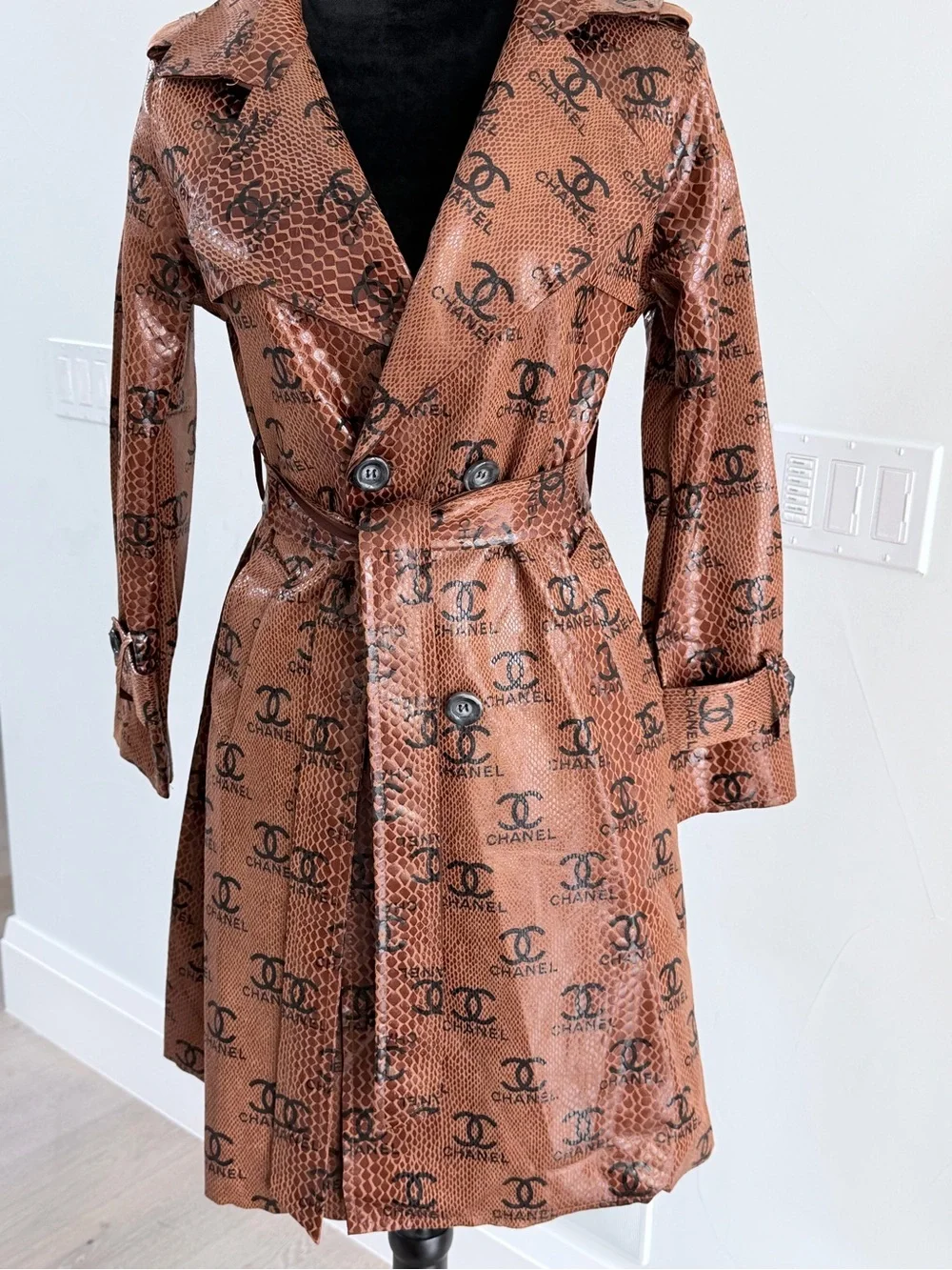 Gorgeous Faux Leather Brown Logo-Print Trench Coat size S